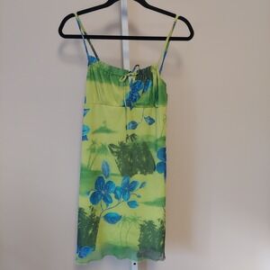 Vtg Niki-Lee Y2K Babydoll Dress M Tropical Mesh Overlay Fairycore Mini Green